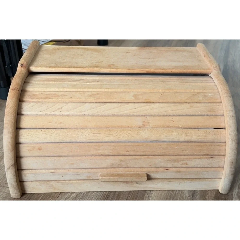 Natural Raw Wood Roll Top Bread Box Bread Bin